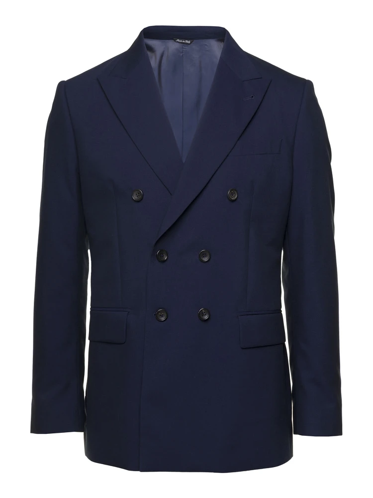 Blue Double-breasted Blazer with Pointed Reverses in Wool and Cotton Blend Man