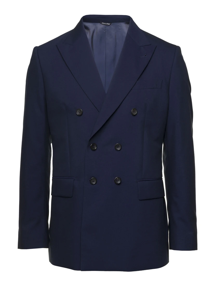 Blue Double-breasted Blazer with Pointed Reverses in Wool and Cotton Blend Man