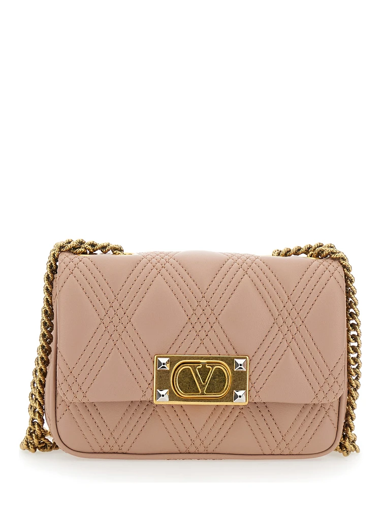 Quiltie 67 Pink Quilted Crossbody Bagwith VLogo Plaque on the Front in Leather Woman