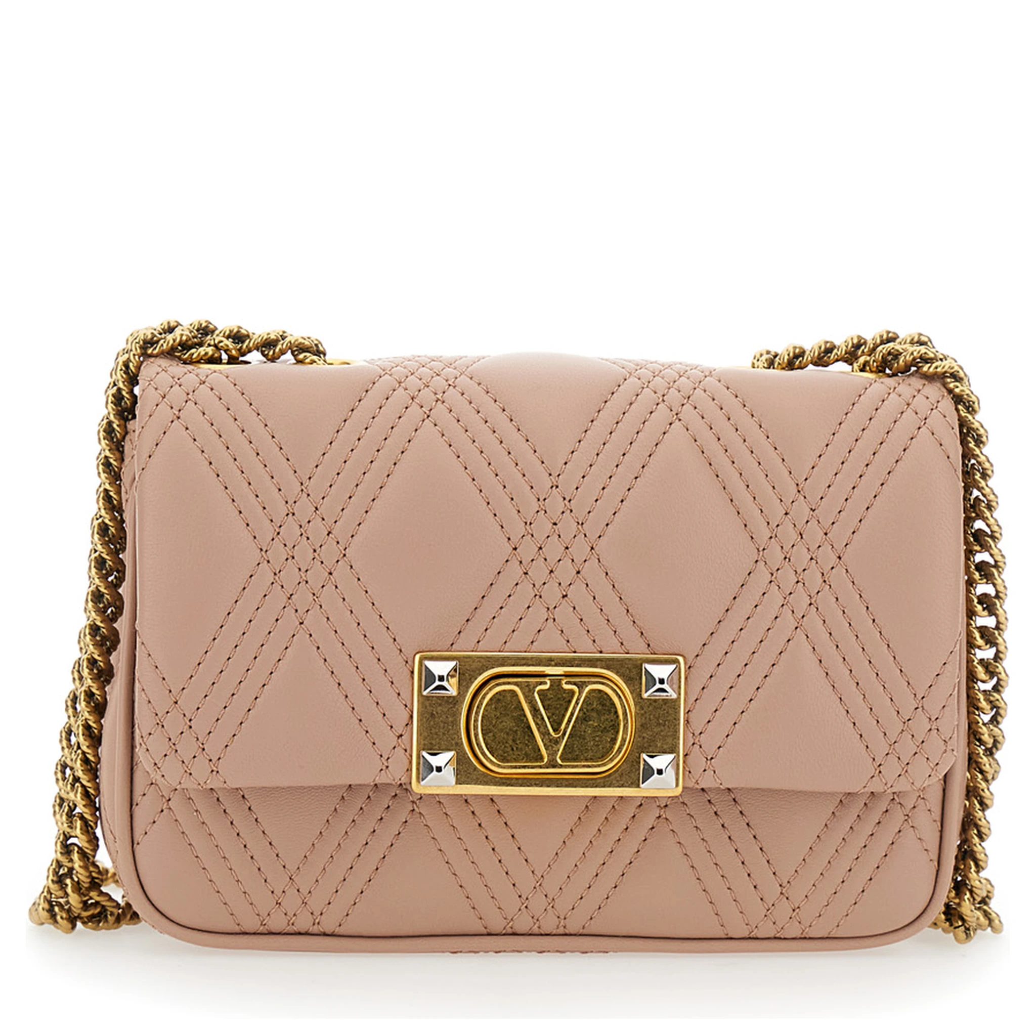 حقيبة كروسبودي مبطنة وردية اللون من كويلتي 67، مزينة بشعار V في الأمام، مصنوعة من الجلد، للنساء