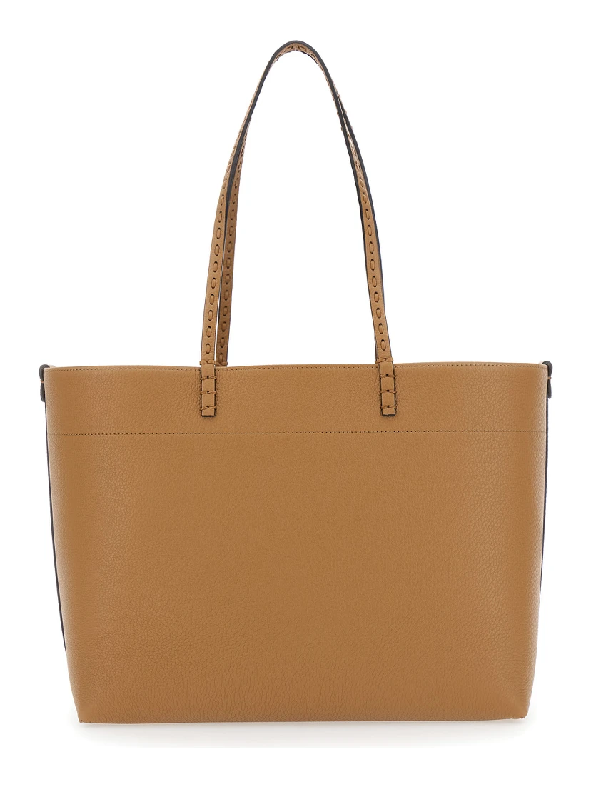 Roll Medium Brown Shopper with Flat Handles and Embossed Logo in Leather Woman