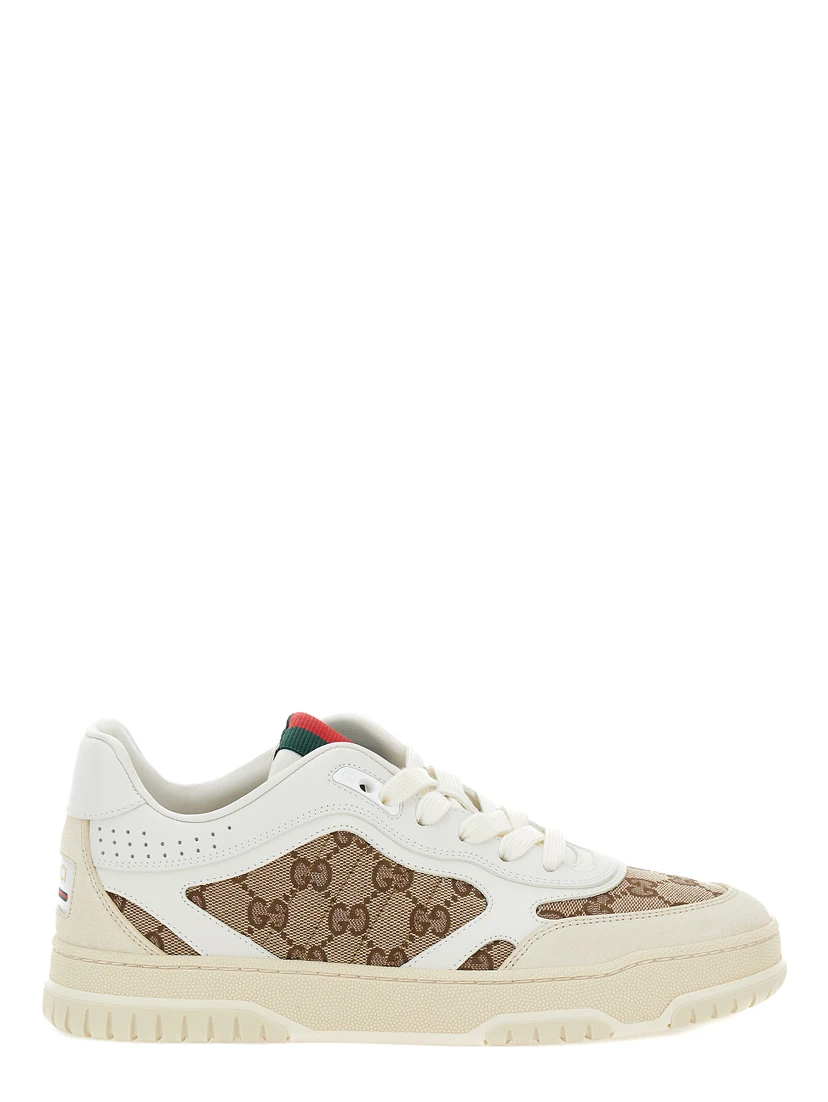White and Beige Low Top Sneakers with Web Detail in Leather and GG Supreme Canvas Woman