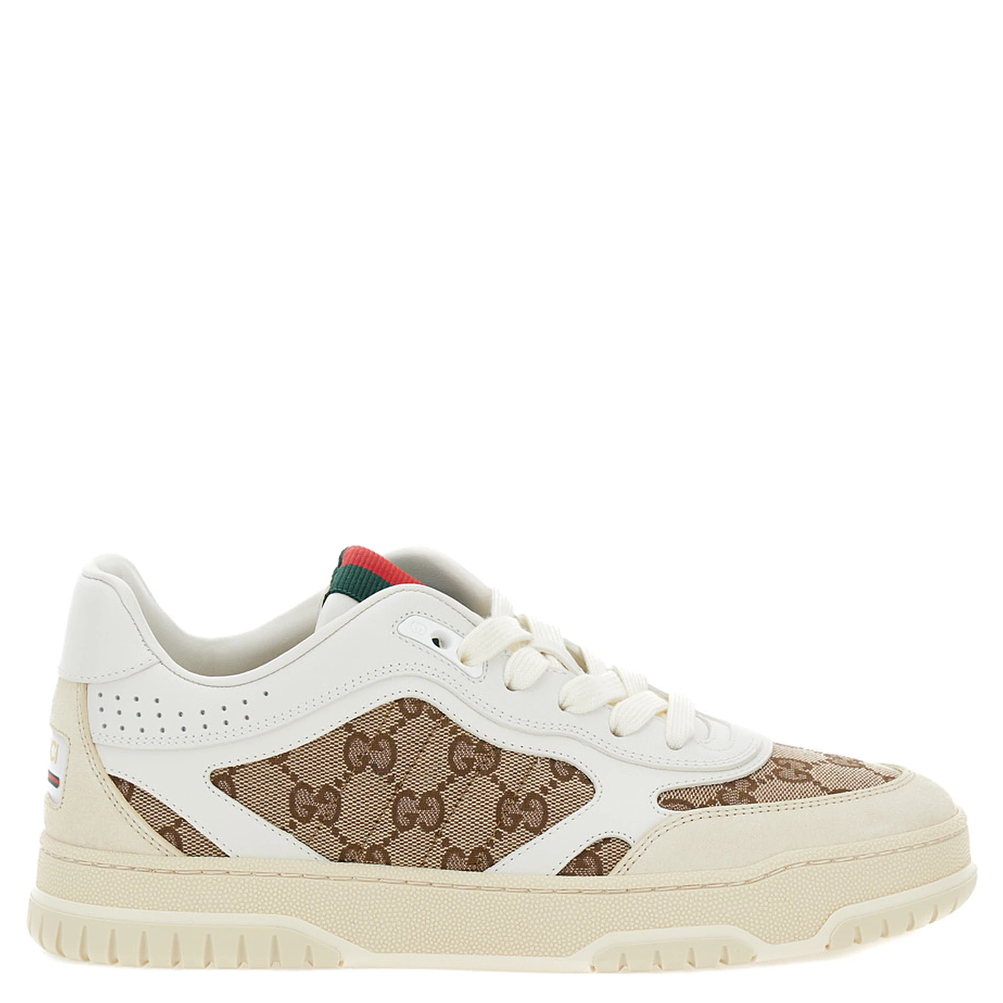 White and Beige Low Top Sneakers with Web Detail in Leather and GG Supreme Canvas Woman