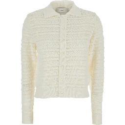 White Cardigan with Spread Collar in Cotton Woman