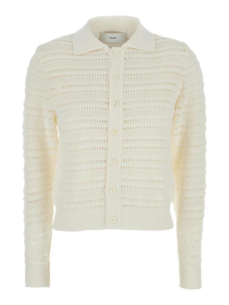 White Cardigan with Spread Collar in Cotton Woman