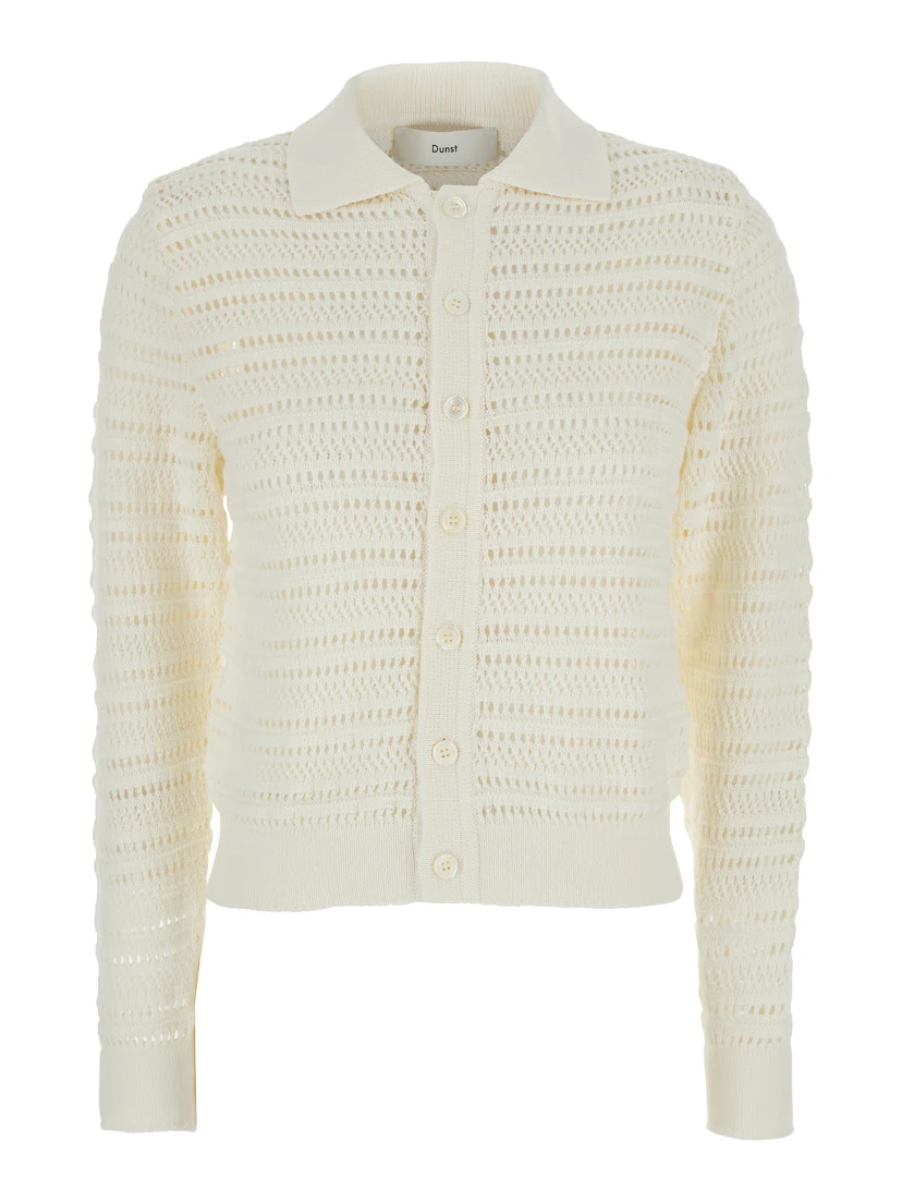 White Cardigan with Spread Collar in Cotton Woman