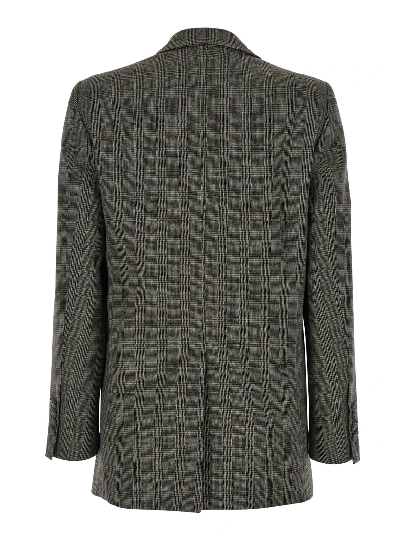 Brown Double-Breasted Jacket with Check Motif in Tech Fabric Woman