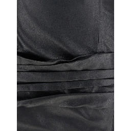 Black Sleeveless Off-Shoulder Midi Dress with Front Single Slit and Ruched Waist in Leather Woman
