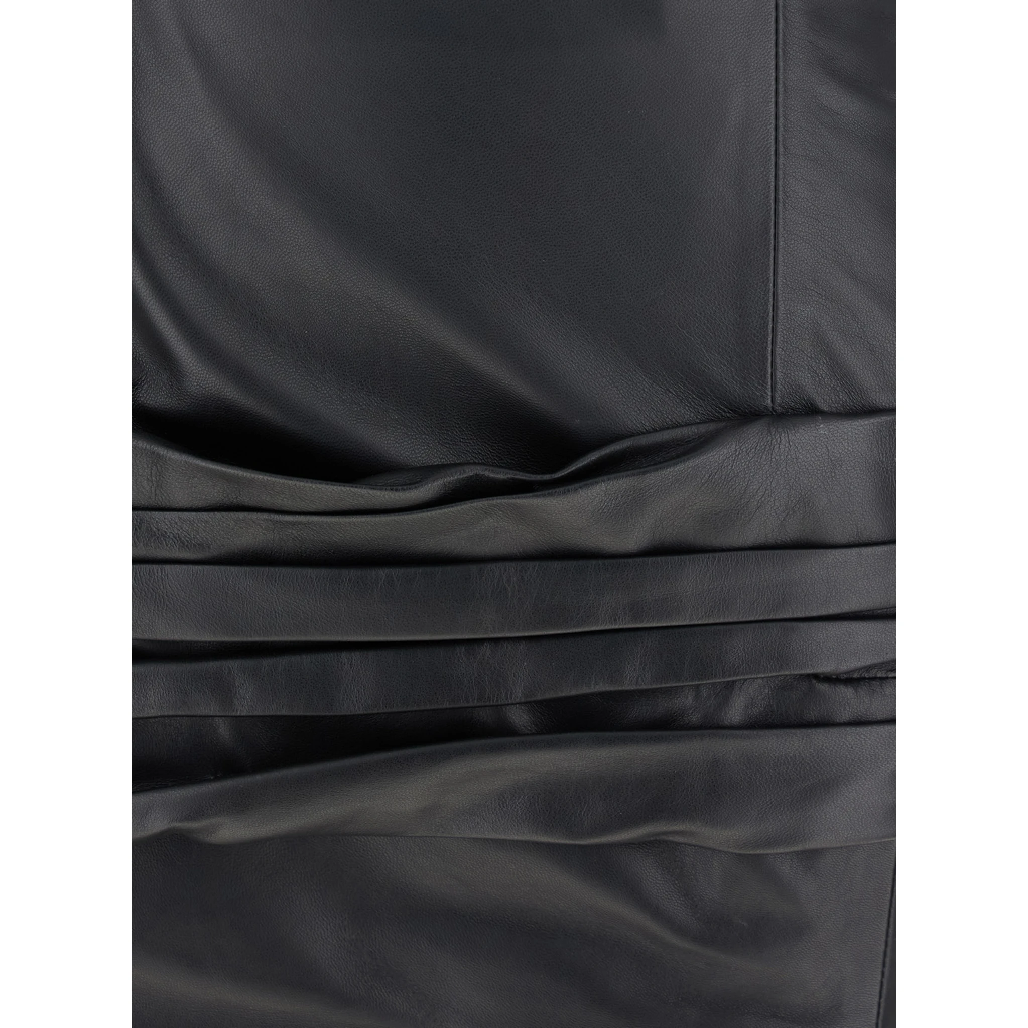 Black Sleeveless Off-Shoulder Midi Dress with Front Single Slit and Ruched Waist in Leather Woman