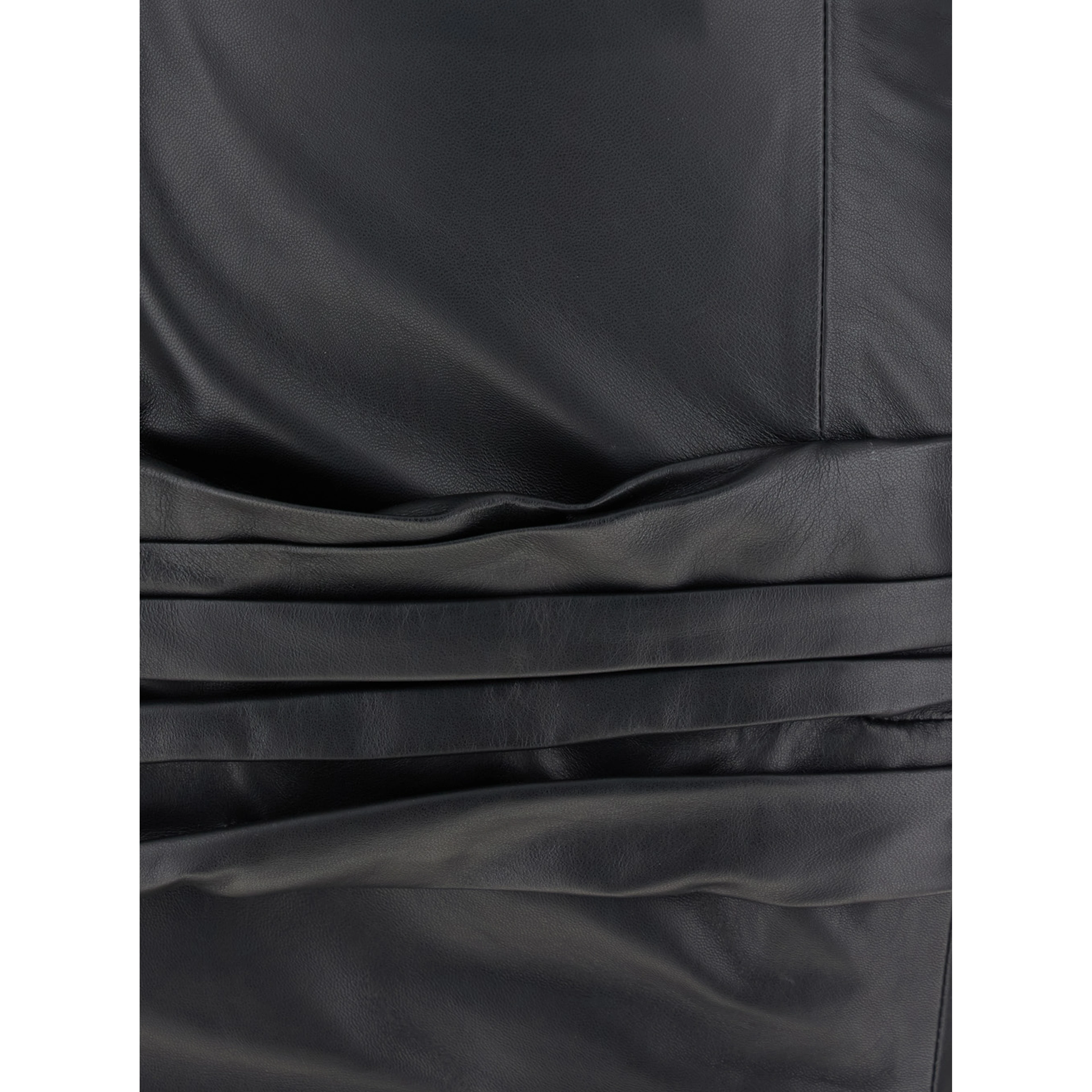 Black Sleeveless Off-Shoulder Midi Dress with Front Single Slit and Ruched Waist in Leather Woman