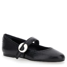 Black Ballerinas with Metallic Logo and Strap in Smooth Leather Woman
