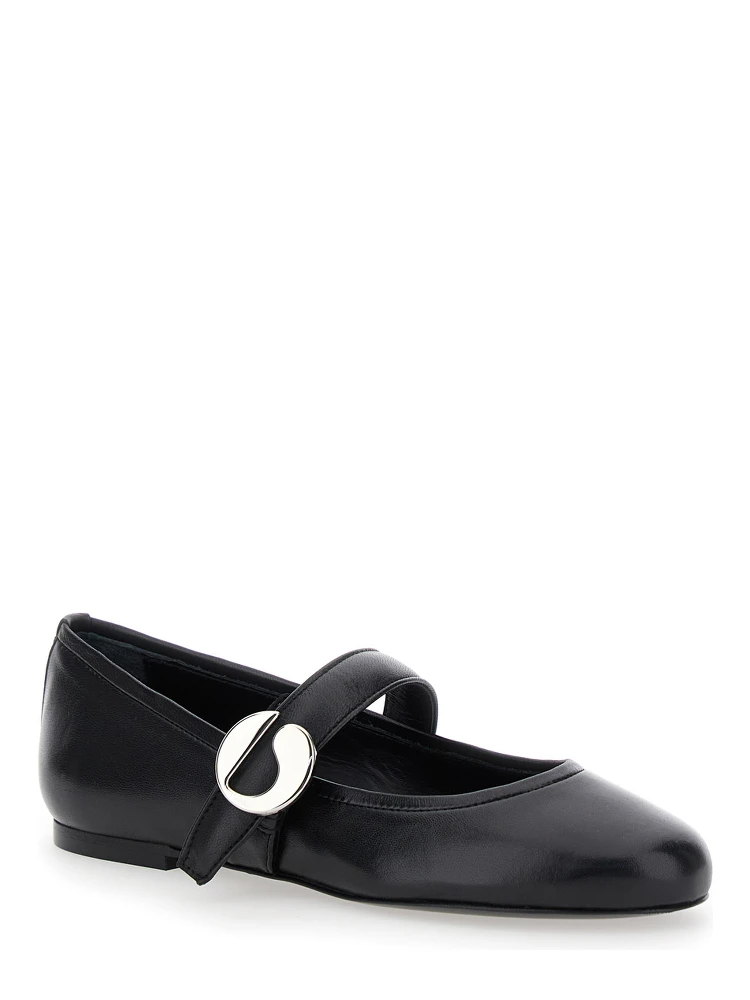 Black Ballerinas with Metallic Logo and Strap in Smooth Leather Woman alternative