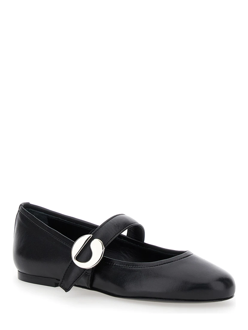 Black Ballerinas with Metallic Logo and Strap in Smooth Leather Woman