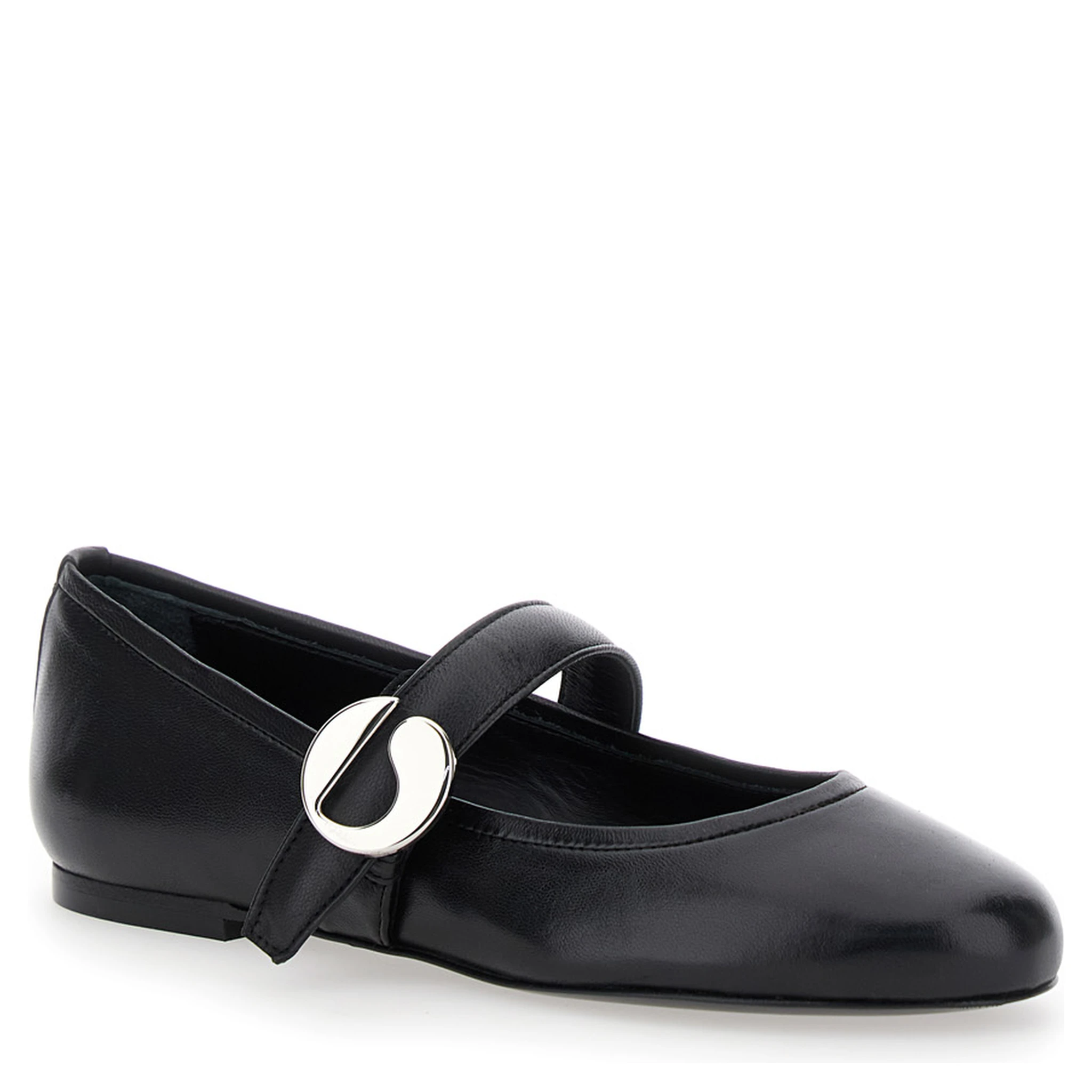 Black Ballerinas with Metallic Logo and Strap in Smooth Leather Woman