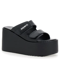 Black Wedges with Logo Patch on the Front and Touch-Strap Closure in Leather Woman