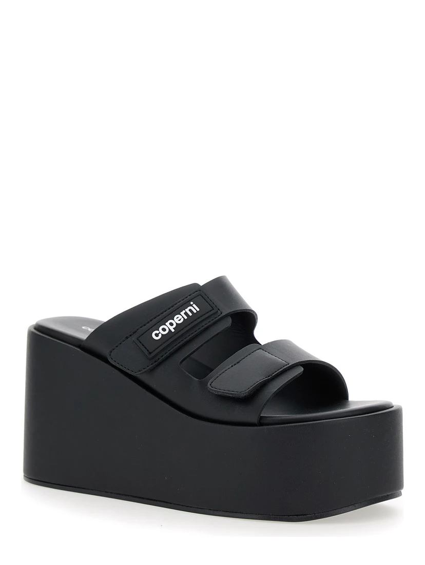 Black Wedges with Logo Patch on the Front and Touch-Strap Closure in Leather Woman