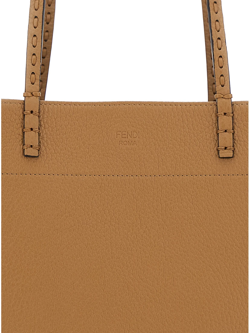 Roll Medium Brown Shopper with Flat Handles and Embossed Logo in Leather Woman