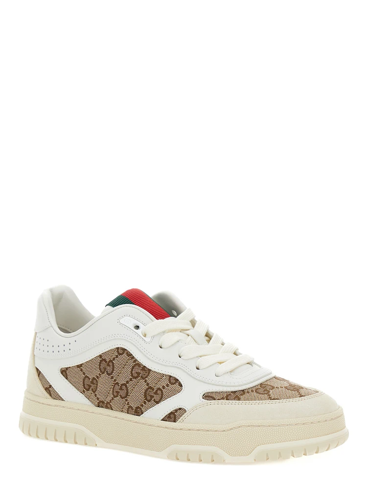 White and Beige Low Top Sneakers with Web Detail in Leather and GG Supreme Canvas Woman alternative