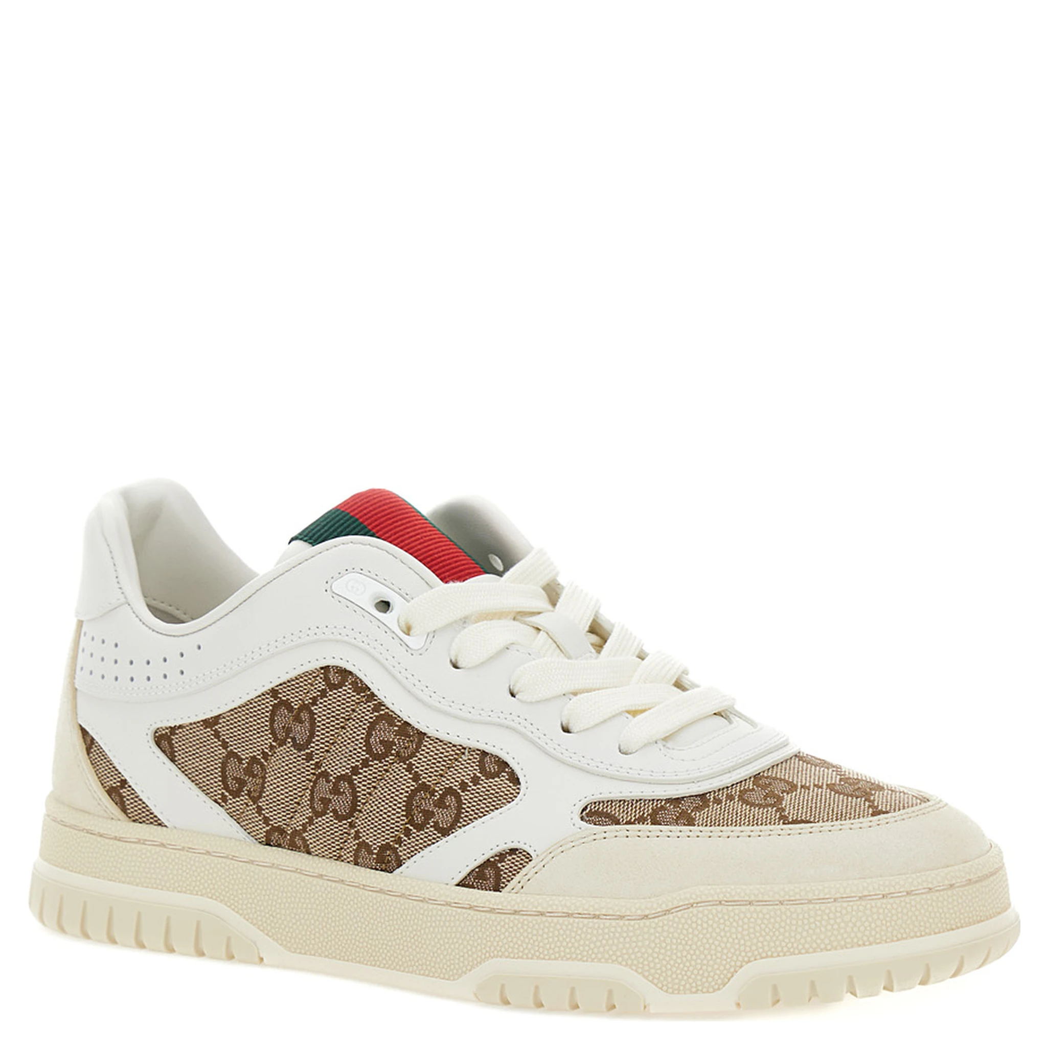 White and Beige Low Top Sneakers with Web Detail in Leather and GG Supreme Canvas Woman