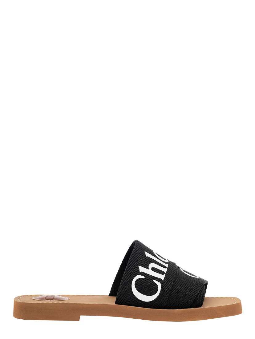 Chloé Womans Black Canvas Sandals with Logo