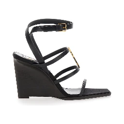 Black Wedges with Metallic Cassandre Detail and Adjustable Leather Strap in Leather Women