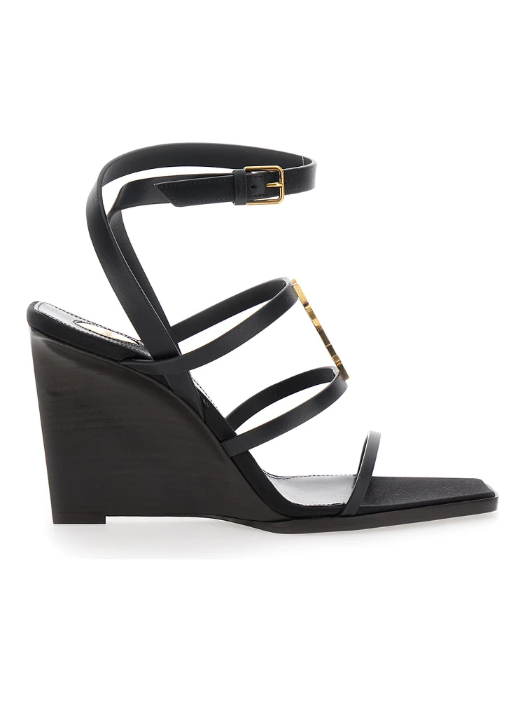 Black Wedges with Metallic Cassandre Detail and Adjustable Leather Strap in Leather Women