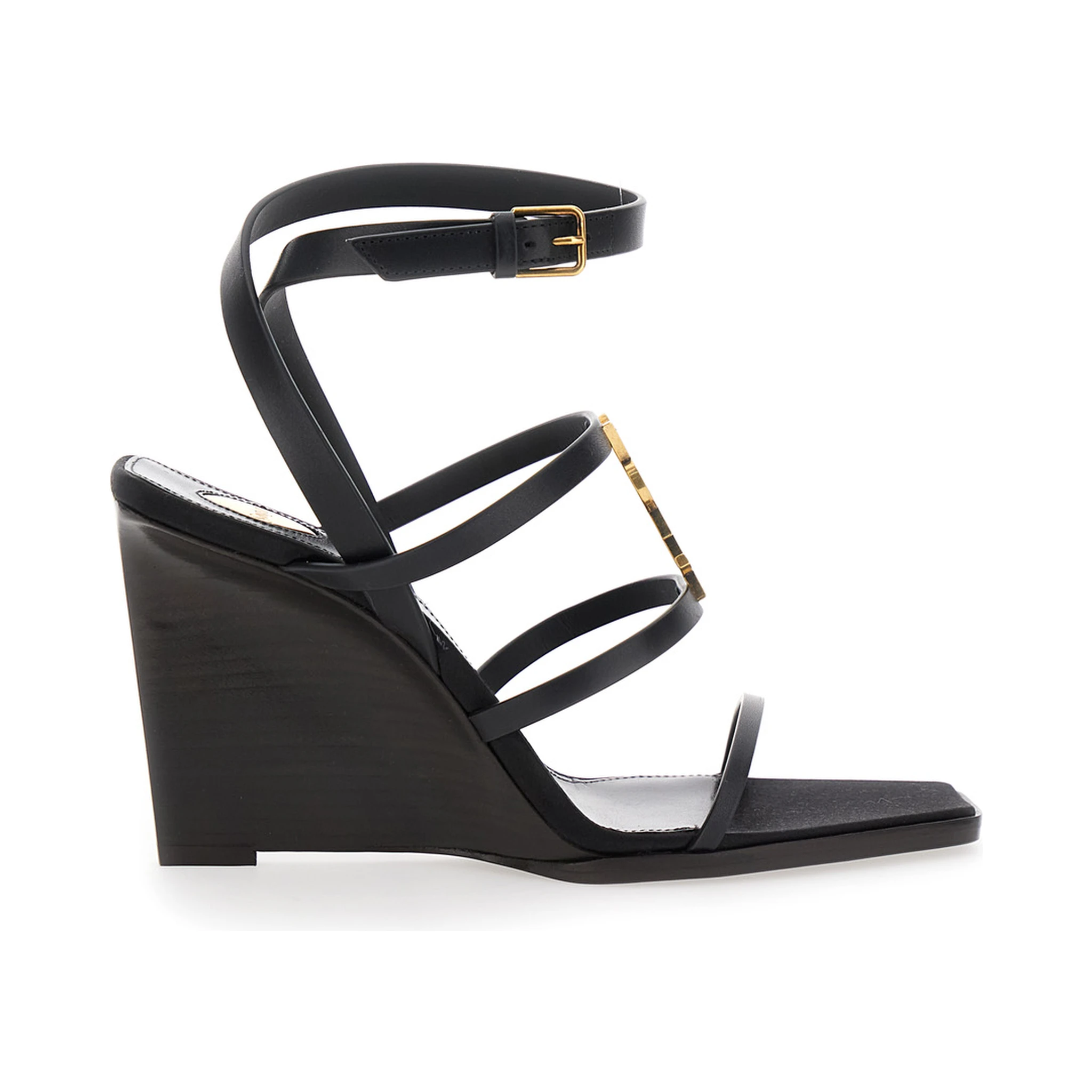 Black Wedges with Metallic Cassandre Detail and Adjustable Leather Strap in Leather Women