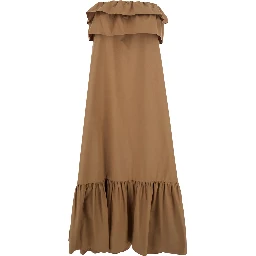 Beige Long Dress with Bustier Neckline and Ruffled Skirt in Cotton Woman