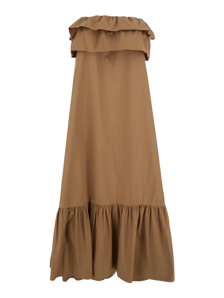 Beige Long Dress with Bustier Neckline and Ruffled Skirt in Cotton Woman