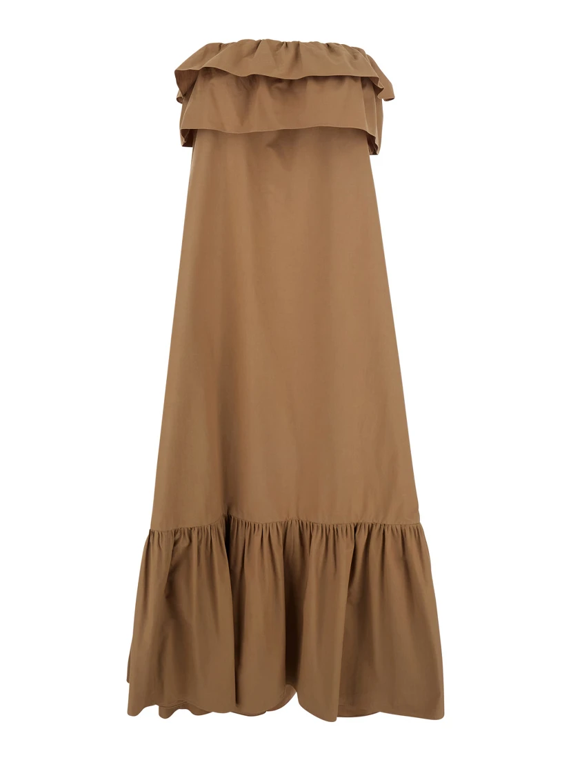 Beige Long Dress with Bustier Neckline and Ruffled Skirt in Cotton Woman