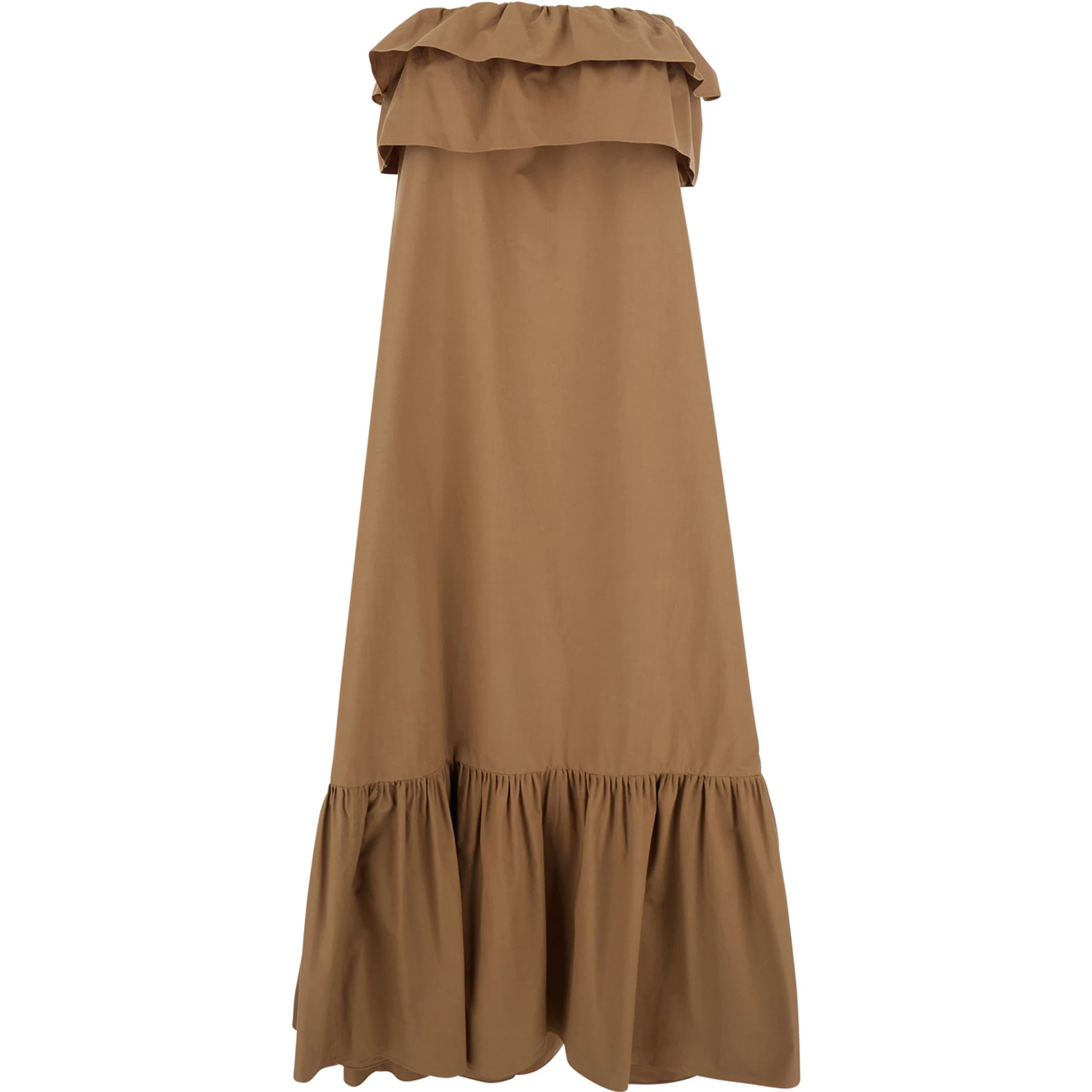 Beige Long Dress with Bustier Neckline and Ruffled Skirt in Cotton Woman