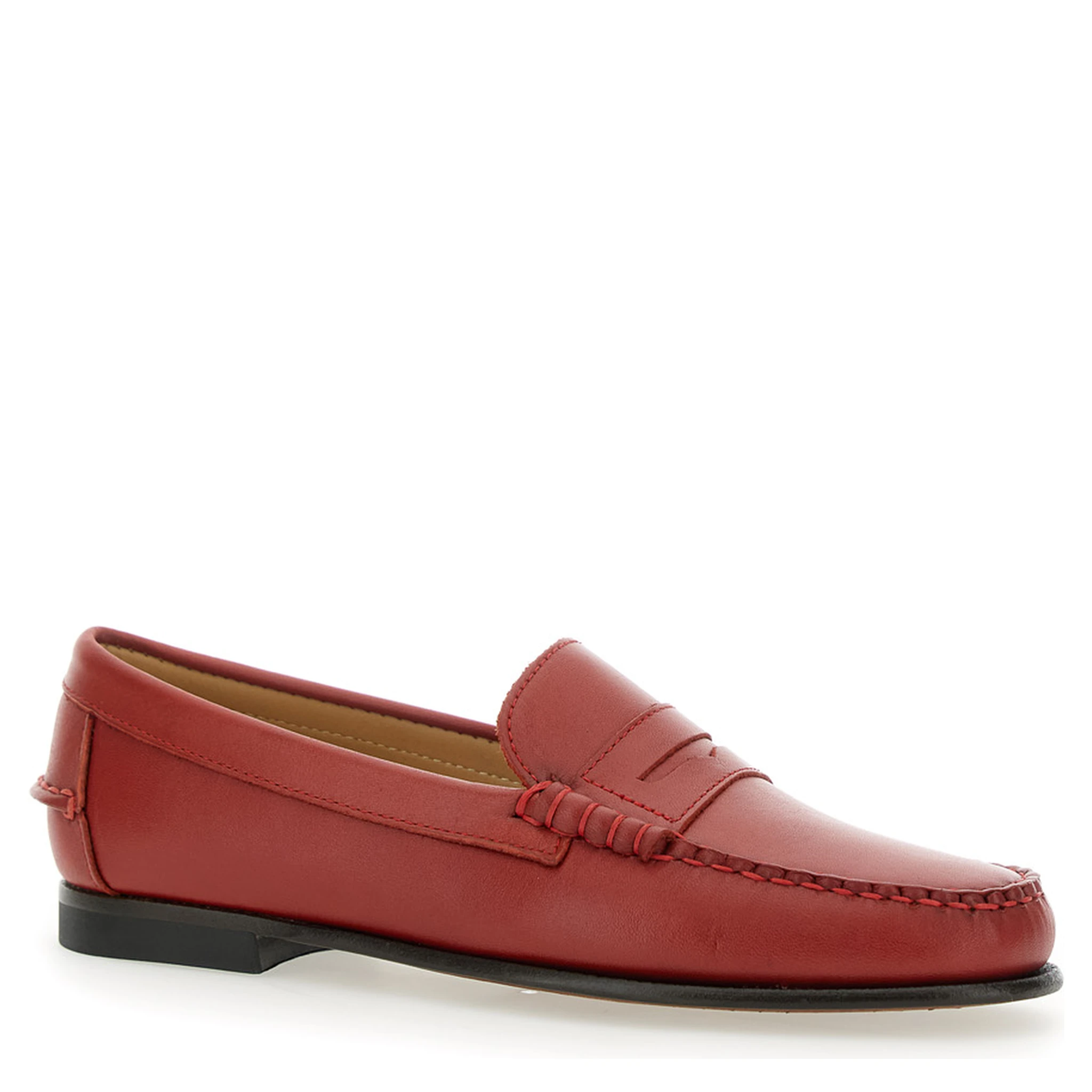 Danielle Pop Red Loafers with Bevelled Toe and Low Stacked Heel in Leather Woman