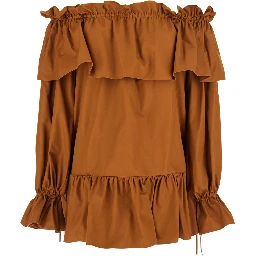 Brown Ruffle Dress with Bare Shoulders in Cotton Twill Woman