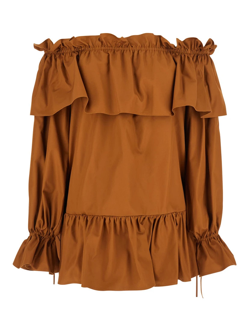 Brown Ruffle Dress with Bare Shoulders in Cotton Twill Woman