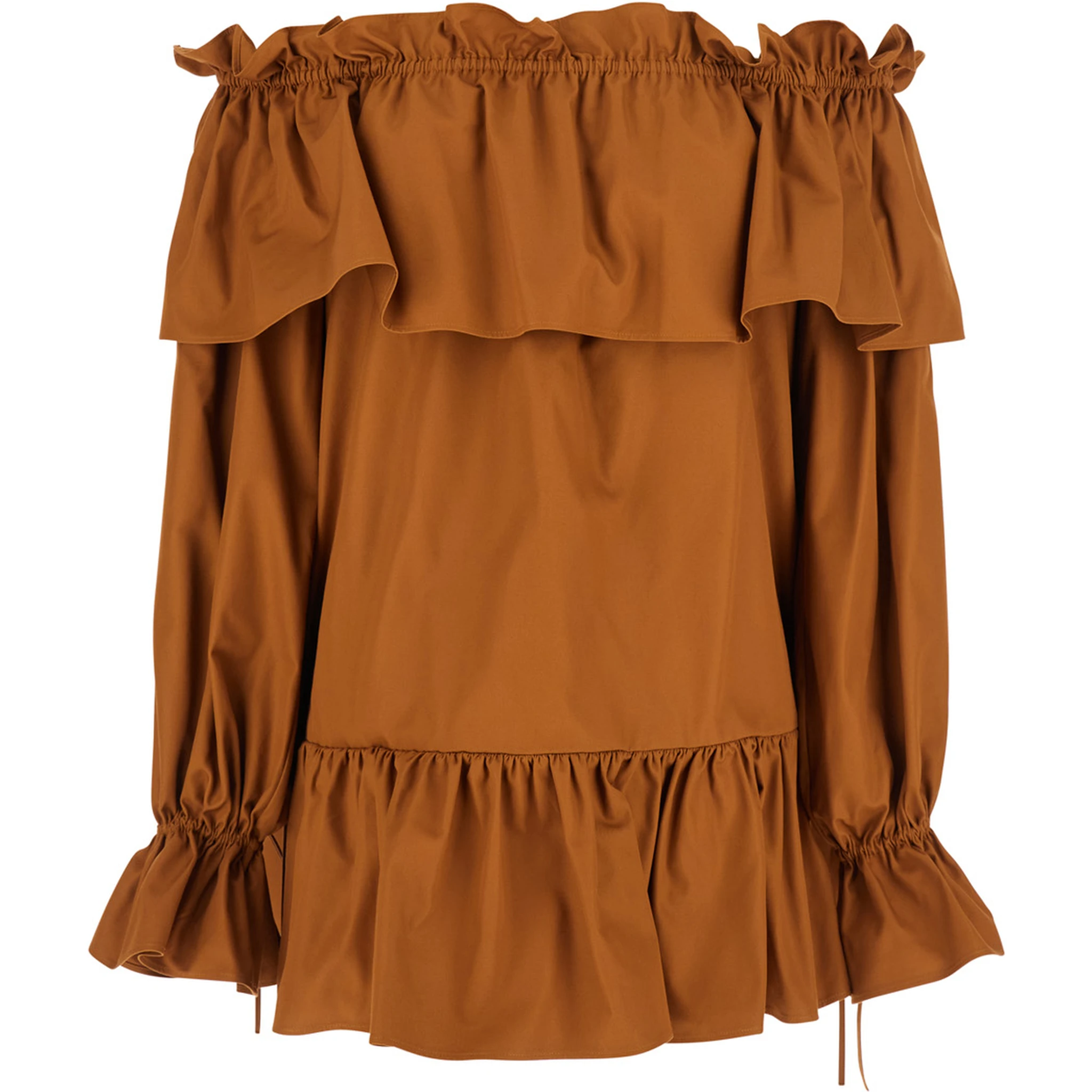 Brown Ruffle Dress with Bare Shoulders in Cotton Twill Woman