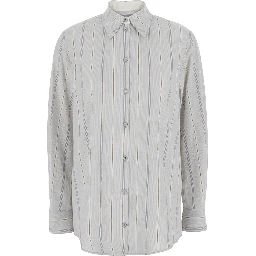 Blue Shirt with Classic Collar and All-Over Striped Motif in Cotton Woman