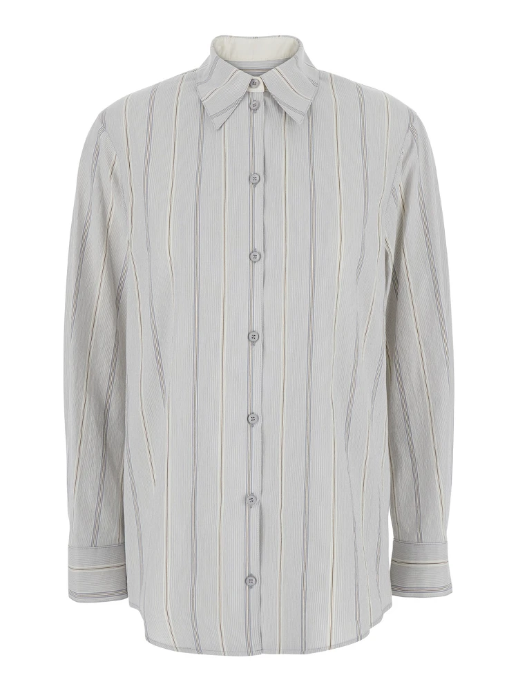 Blue Shirt with Classic Collar and All-Over Striped Motif in Cotton Woman