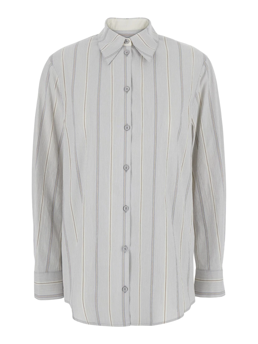 Blue Shirt with Classic Collar and All-Over Striped Motif in Cotton Woman