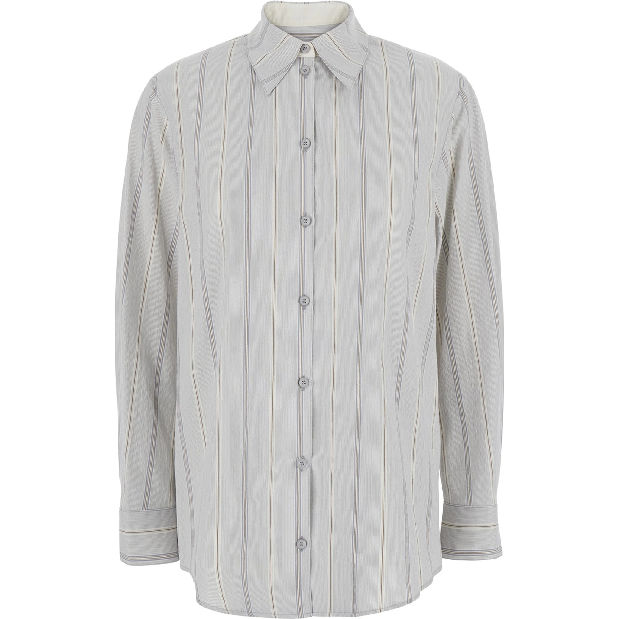 Blue Shirt with Classic Collar and All-Over Striped Motif in Cotton Woman