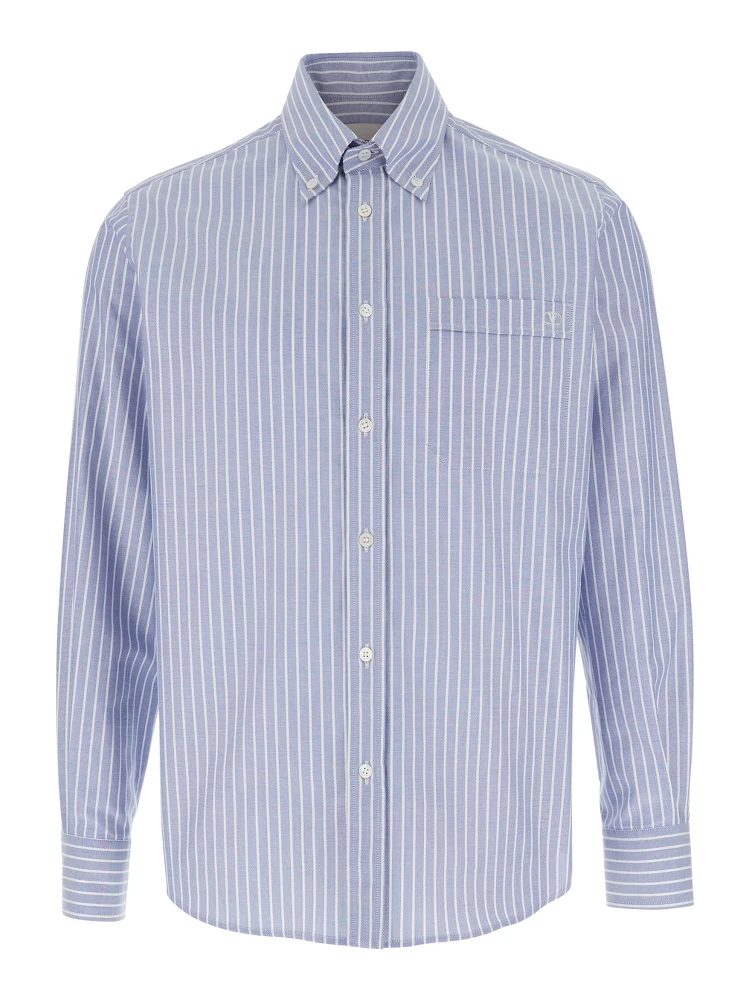 Light Blue Shirt with Logo Detail on the Front and All-Over Striped Motif in Cotton Man