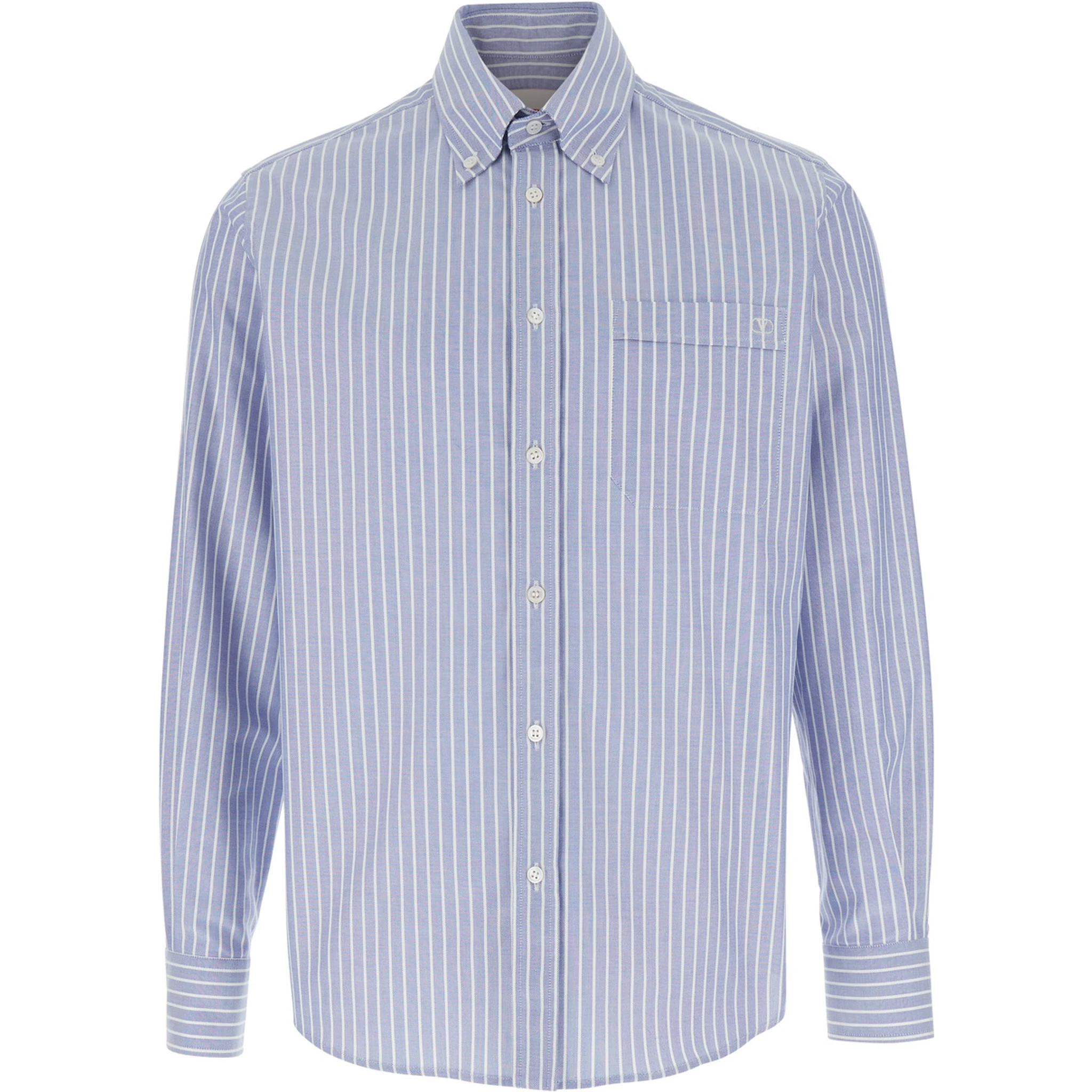 Light Blue Shirt with Logo Detail on the Front and All-Over Striped Motif in Cotton Man