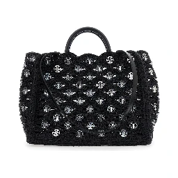 Black Handbag with Weaving and All-Over Disc Details in Raphia Woman