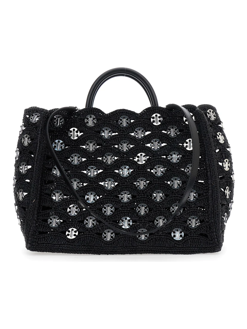 Black Handbag with Weaving and All-Over Disc Details in Raphia Woman
