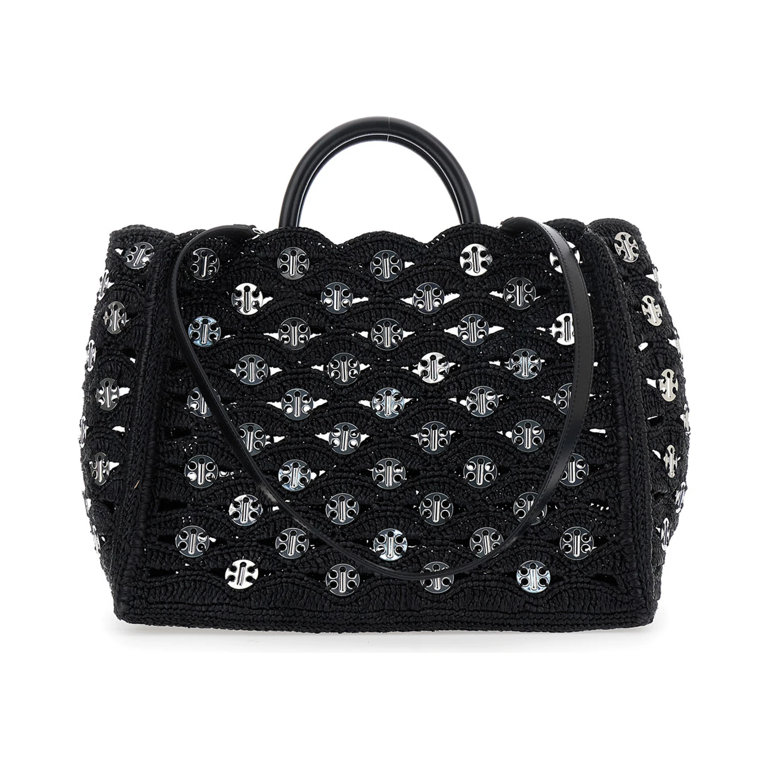 Black Handbag with Weaving and All-Over Disc Details in Raphia Woman