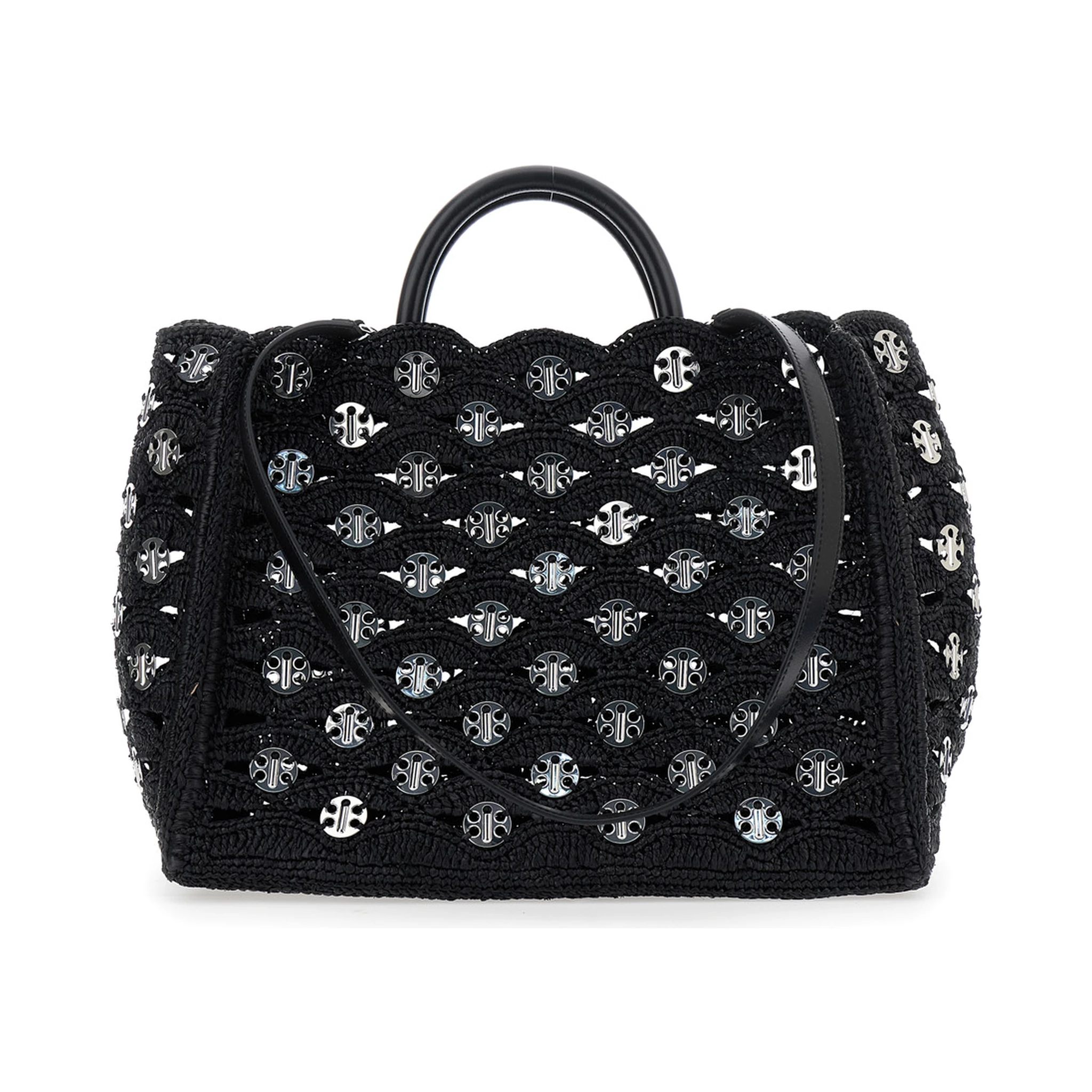 Black Handbag with Weaving and All-Over Disc Details in Raphia Woman