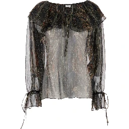 Multicolor Off-Shoulder Blouse with Drawstring Poet Sleeves in Silk Blend Woman