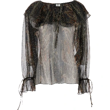 Multicolor Off-Shoulder Blouse with Drawstring Poet Sleeves in Silk Blend Woman