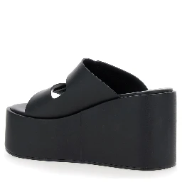 Black Wedges with Logo Patch on the Front and Touch-Strap Closure in Leather Woman