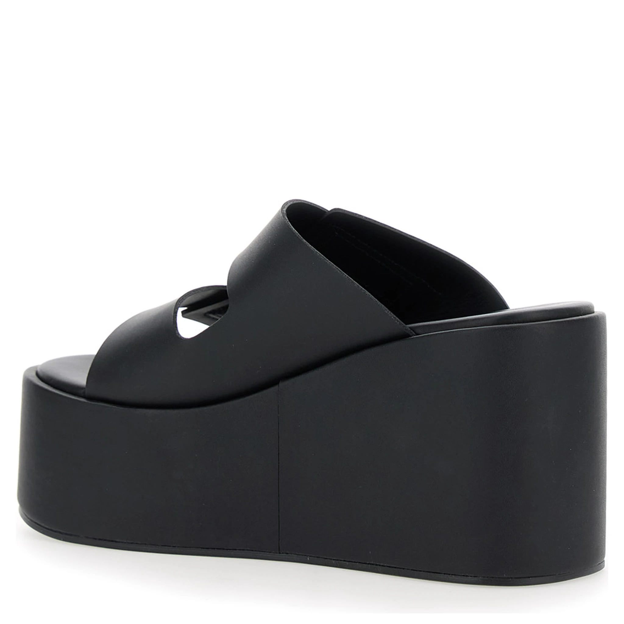 Black Wedges with Logo Patch on the Front and Touch-Strap Closure in Leather Woman