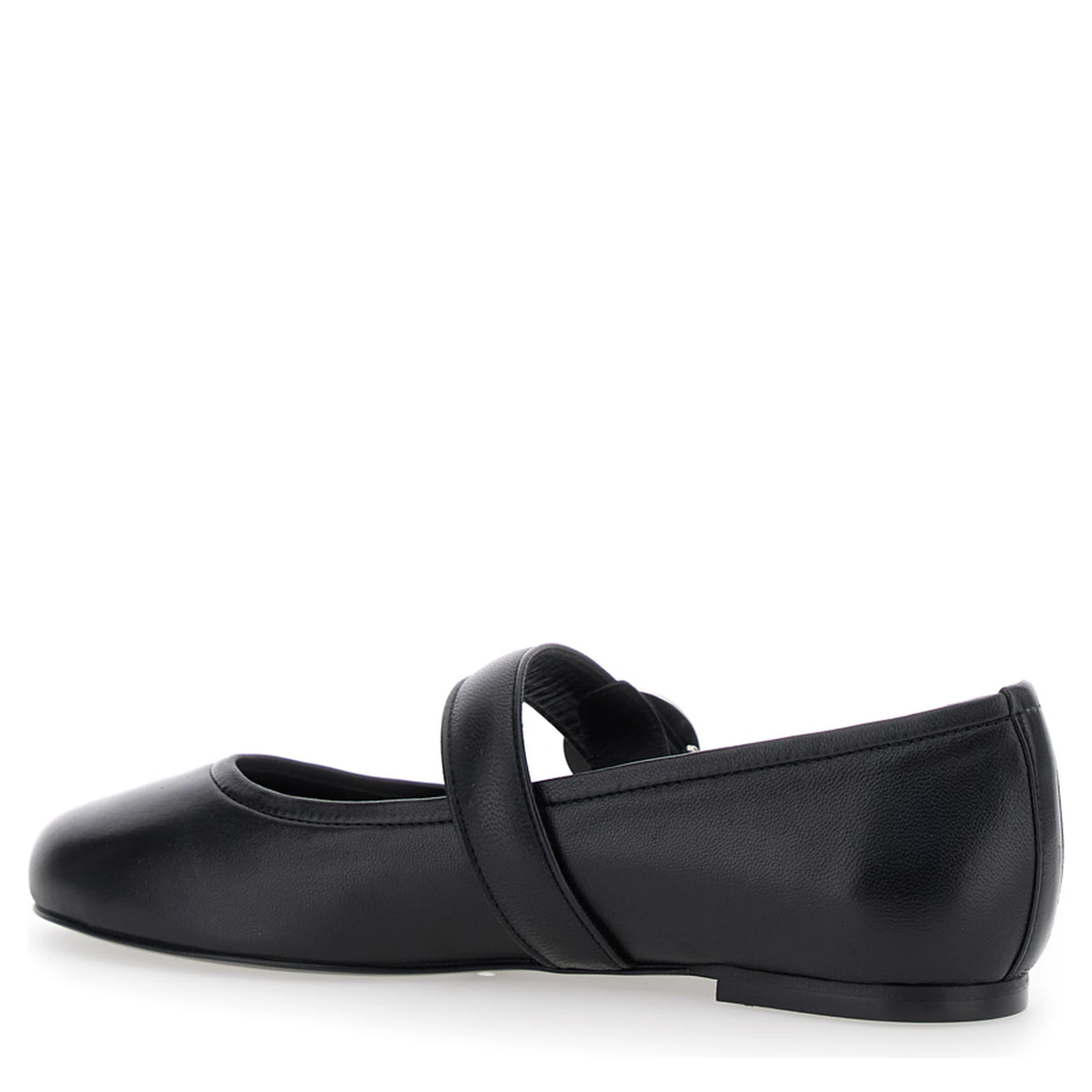 Black Ballerinas with Metallic Logo and Strap in Smooth Leather Woman